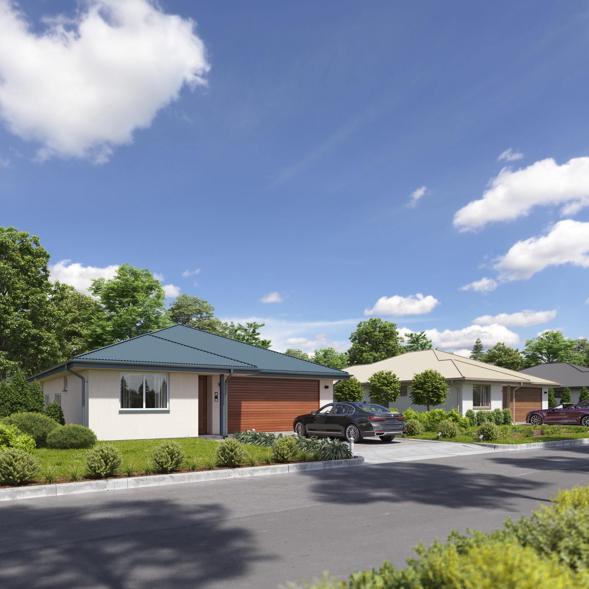Single-storey ARK Houses residential development with landscaped streetscape