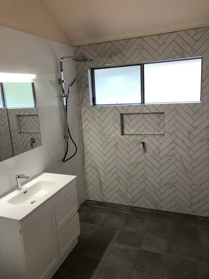 Walk-in shower and storage vanity after the Avoca Beach bathroom renovation