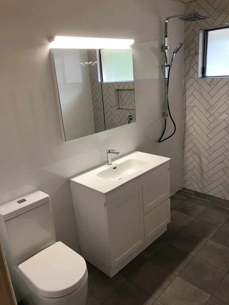 Storage vanity and mirrored cabinet after the Avoca Beach bathroom renovation