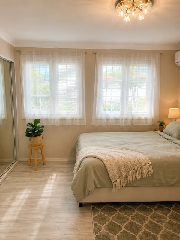 Renovated Cronulla bedroom with new flooring, replacement windows and painted architraves