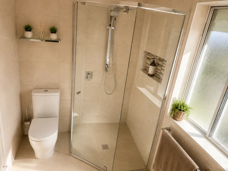Ensuite shower and toilet zone after renovation in Cronulla
