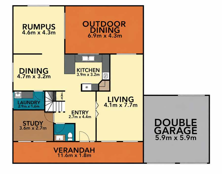 Ground floor plan of the Bateau Bay home showing the renovated kitchen and downstairs powder room