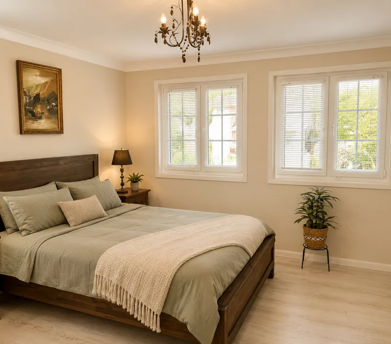 Renovated Cronulla master bedroom with new flooring, replacement windows and painted architraves