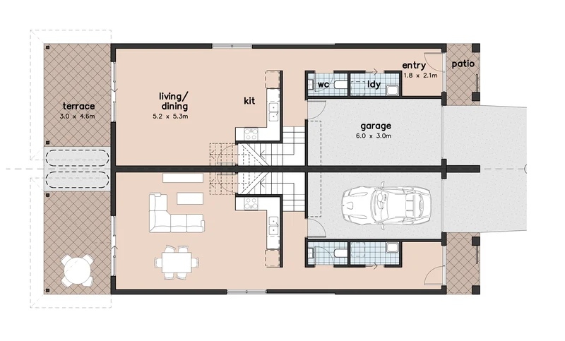 Lower floor plan of the two completed homes in the Cameron Park duplex