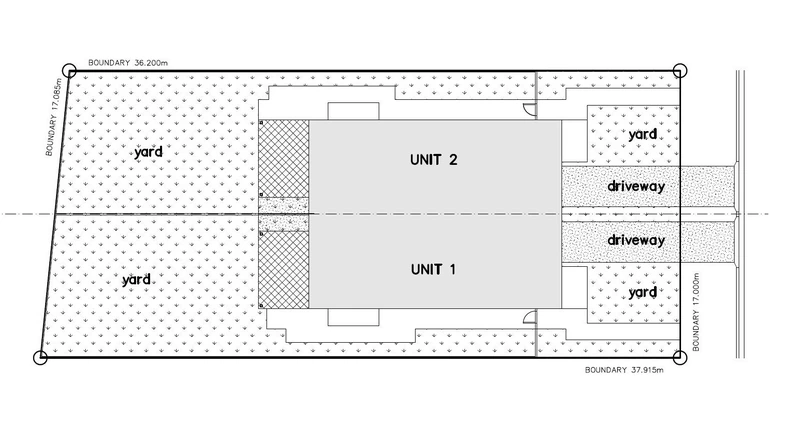 Subdivision and site layout of the Cameron Park duplex showing Unit 1 and Unit 2, separate driveways, private yards and lot boundaries