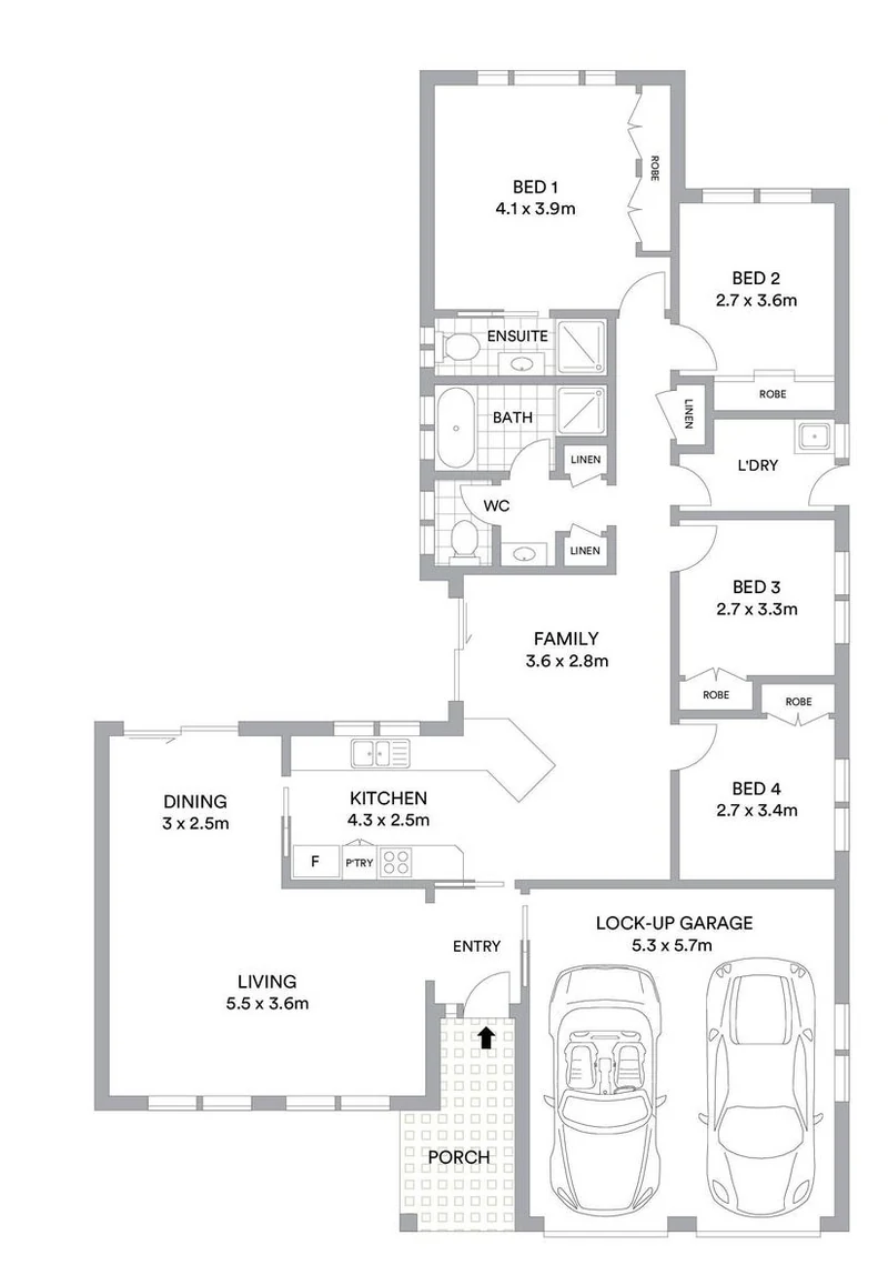 Floor plan of the Erina home showing the main bathroom and ensuite