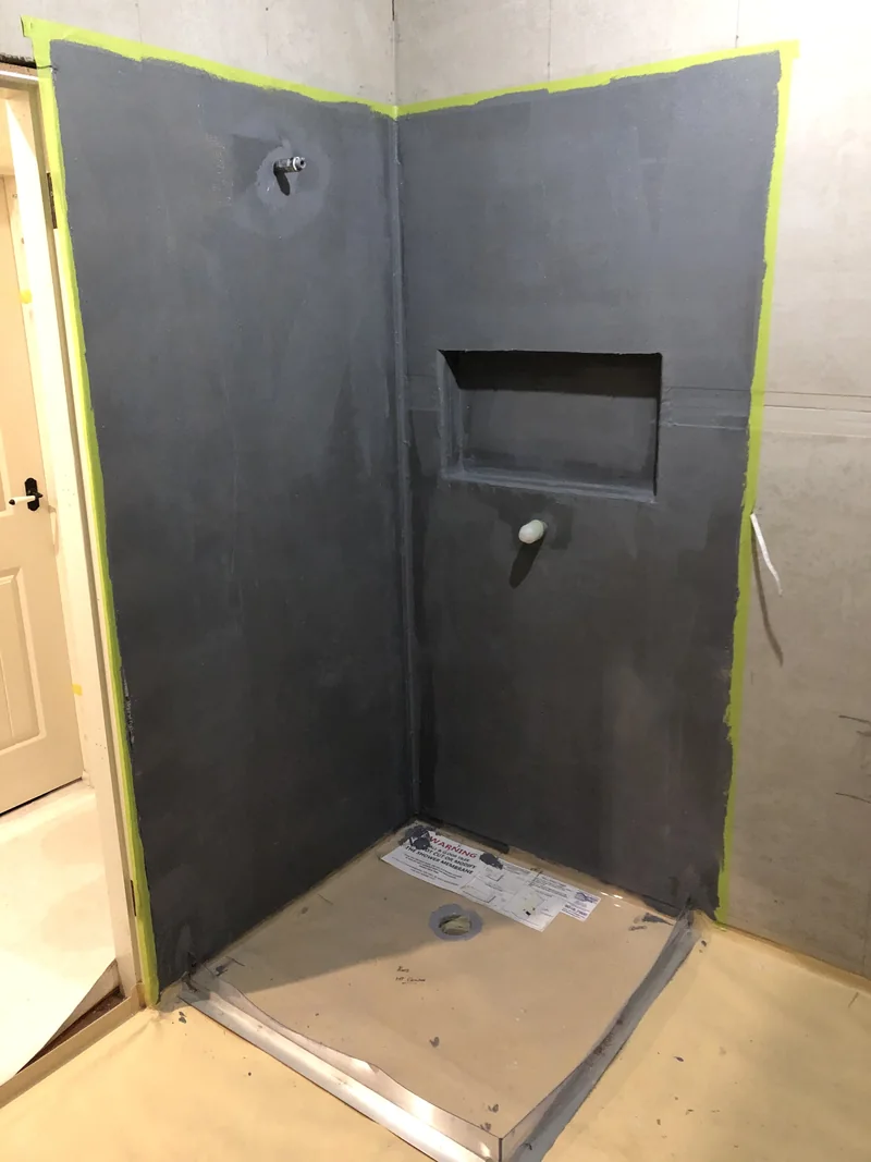 Shower membrane and recessed niche during the Lisarow bathroom renovation