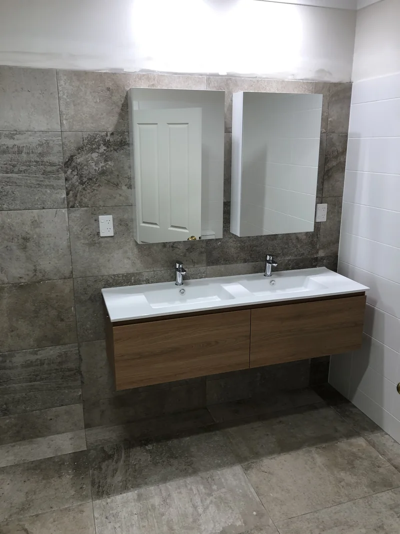 Double-bowl floating vanity after the ensuite renovation in Terrigal