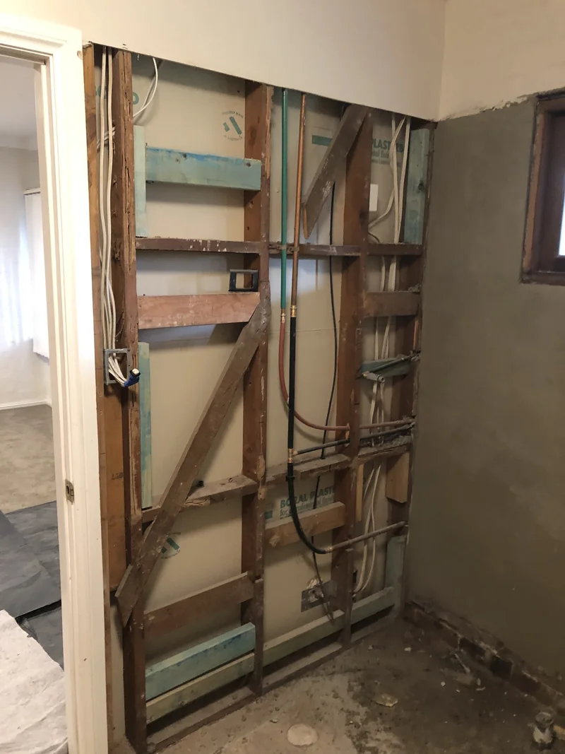 Ensuite framing and relocated services during the Terrigal renovation