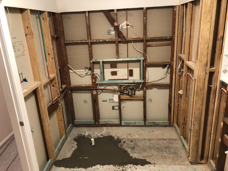 Opened main bathroom walls and service routes during the Terrigal renovation