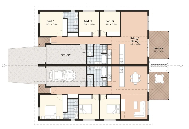 Floor plan of the Woongarrah duplex showing two mirrored three-bedroom homes with garages, bathrooms, living areas and terraces