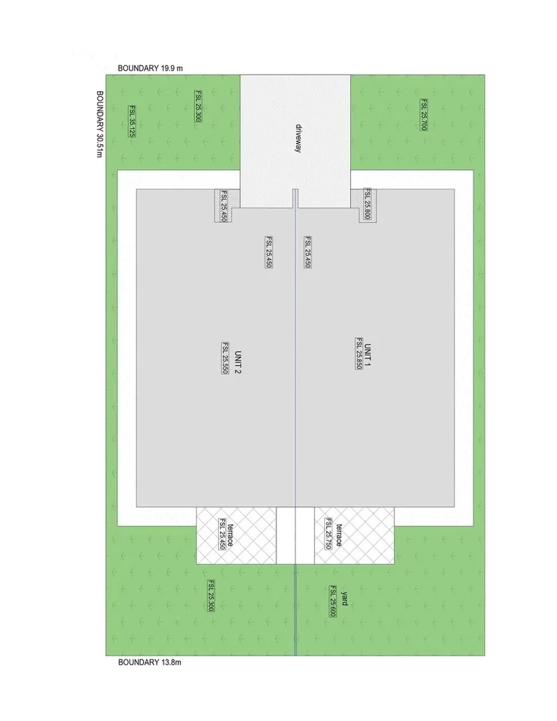 Subdivision layout of the Woongarrah duplex showing Unit 1, Unit 2, the shared driveway, terraces and private yards