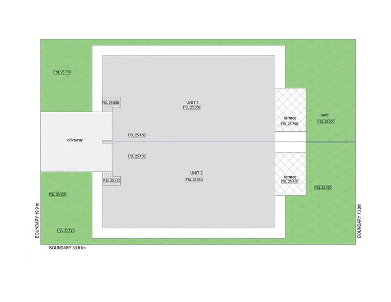 Subdivision layout of the Woongarrah duplex showing Unit 1, Unit 2, the shared driveway, terraces and private yards